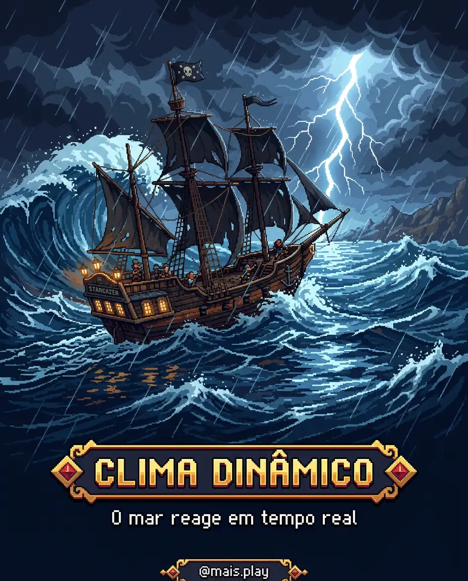 Navio de Edward Kenway enfrentando tempestade com ondas fortes e raios no mar em Black Flag