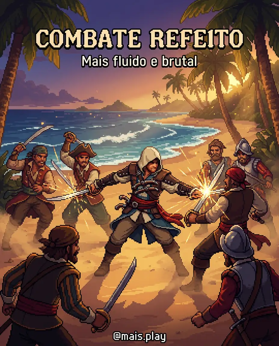 Edward Kenway lutando com espada em uma praia tropical no jogo Black Flag 