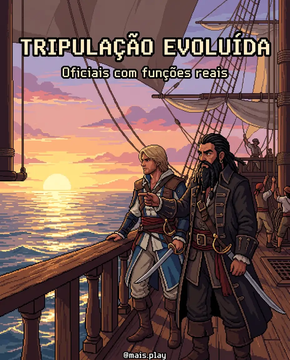 Edward Kenway ao lado de Barba Negra com tripulação em navio ao pôr do sol