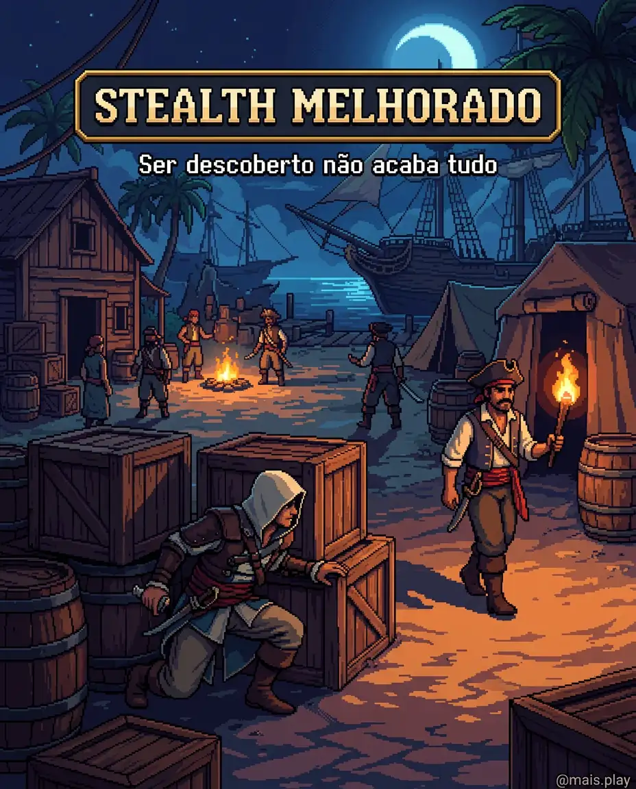 Edward Kenway se escondendo em acampamento à noite com guardas ao redor