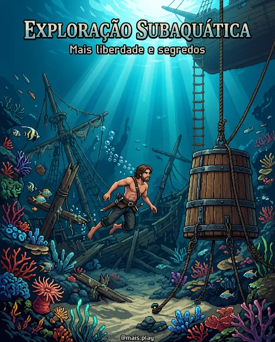 Edward Kenway explorando naufrágio no fundo do mar com sino de mergulho em Black Flag