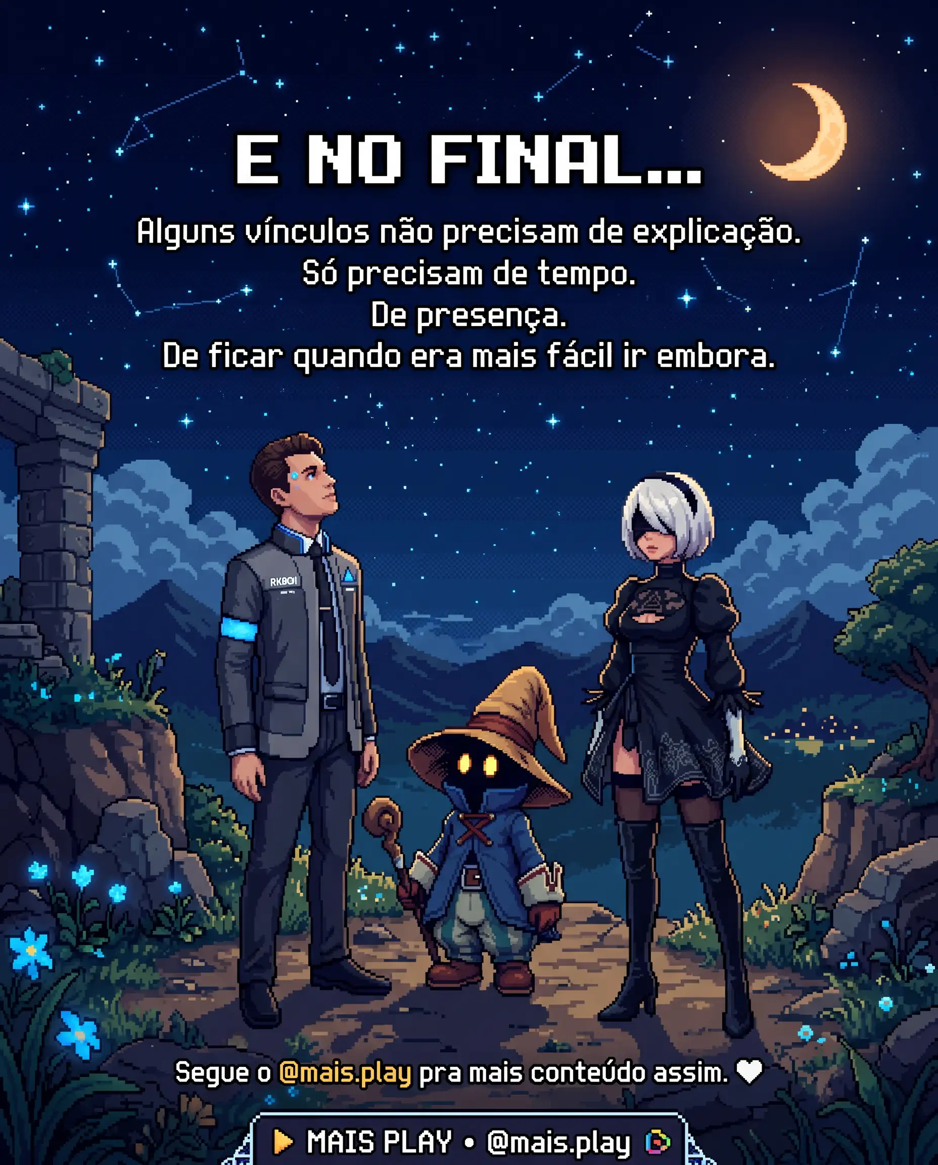 Slide final em pixel art estilo JRPG — duplas de games que provam que amizade vale mais que qualquer poder