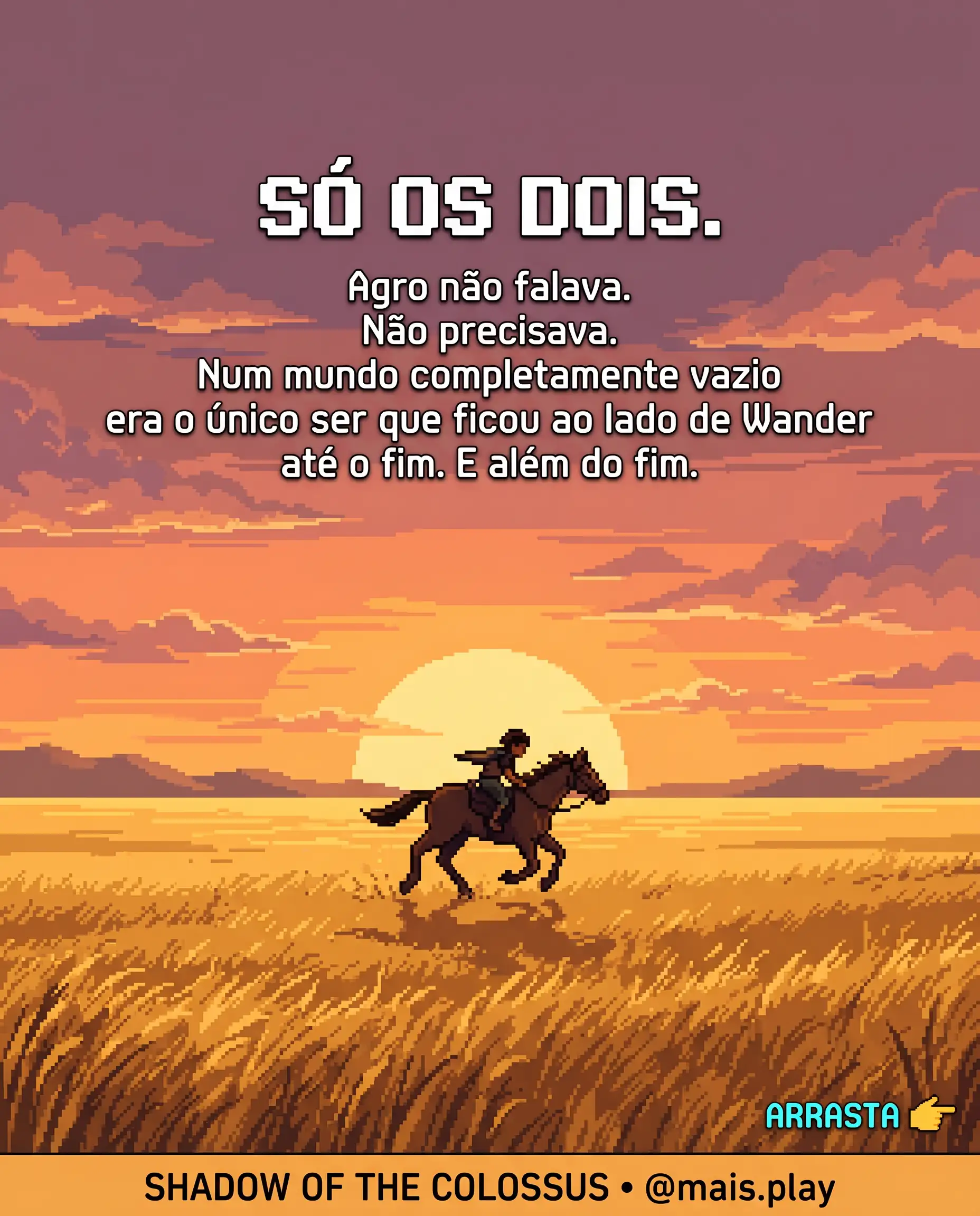 Wander e Agro em pixel art estilo JRPG — Shadow of the Colossus, o cavaleiro solitário e o único ser que ficou com ele até o fim