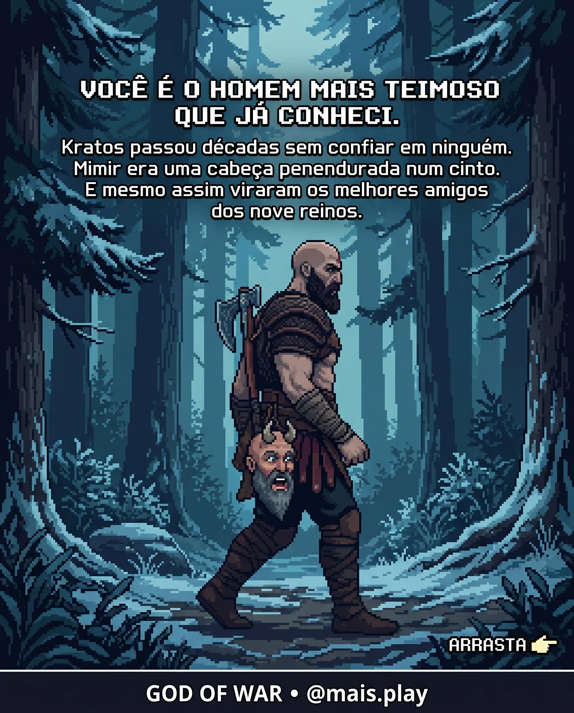 Kratos e Mimir em pixel art estilo JRPG — God of War, o deus da guerra e a cabeça mais inteligente dos nove reinos