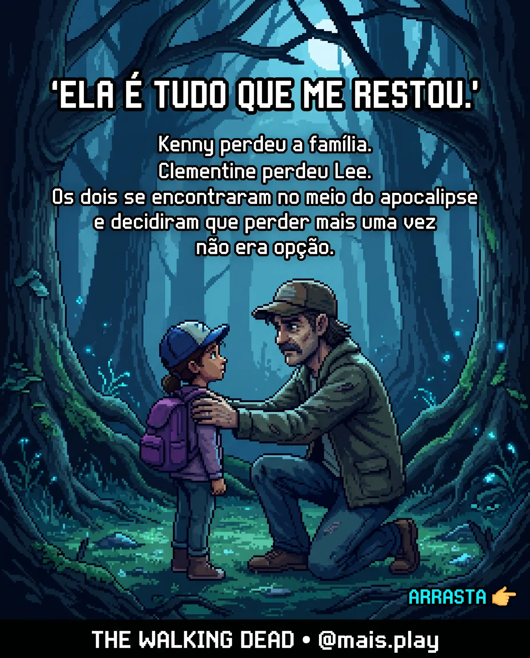 Clementine e Kenny em pixel art estilo JRPG — The Walking Dead Telltale, dois sobreviventes que encontraram um ao outro no apocalipse
