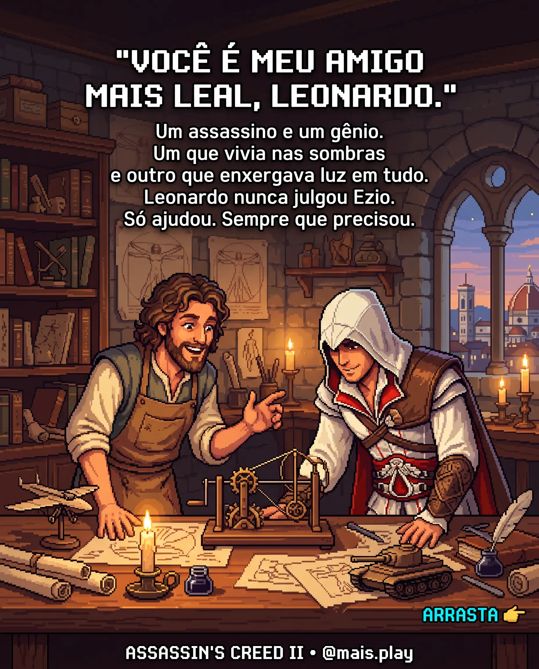 Ezio e Leonardo da Vinci em pixel art estilo JRPG — Assassin's Creed II, o assassino e o gênio da Renascença