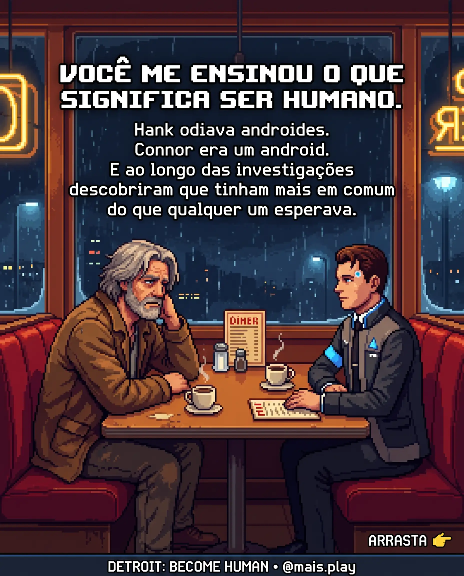 Connor e Hank em pixel art estilo JRPG — Detroit Become Human, o androide e o detetive que não deveriam ser amigos