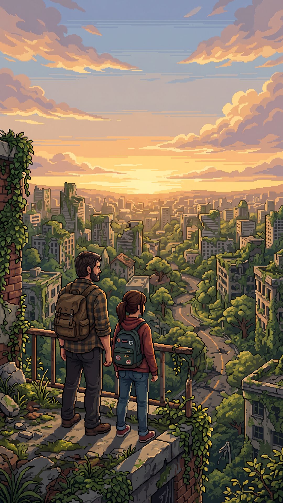 Wallpaper pixel art The Last of Us — Joel e Ellie olhando o horizonte num pôr do sol pós-apocalíptico