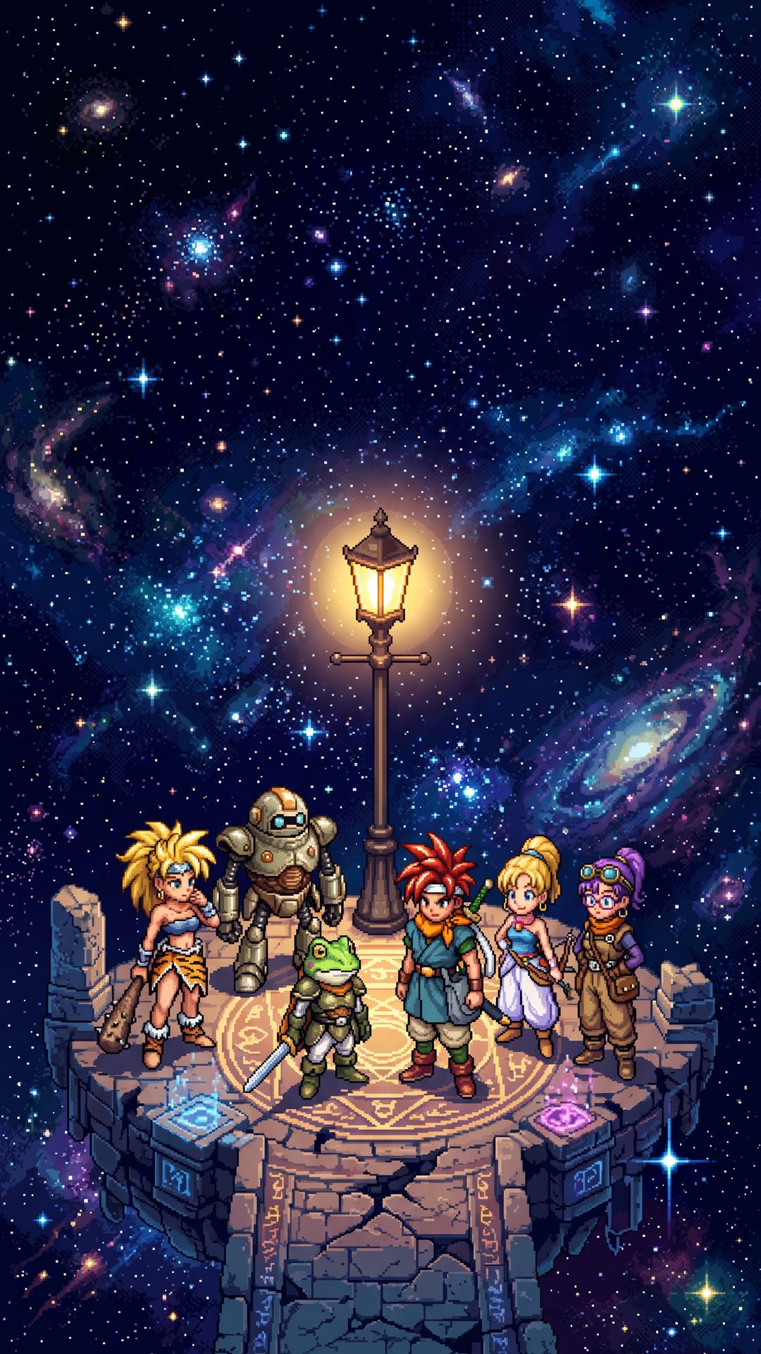 Wallpaper pixel art Chrono Trigger — grupo reunido no End of Time com cosmos estrelado ao fundo