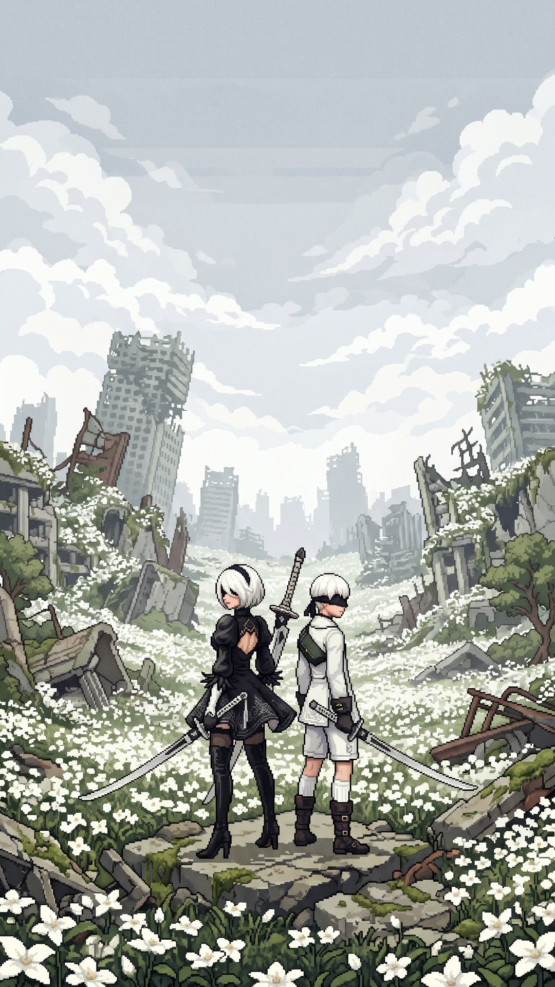 Wallpaper pixel art Nier Automata — 2B e 9S de costas em ruínas cobertas de flores brancas
