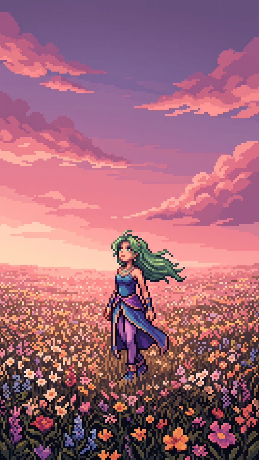 Wallpaper pixel art Final Fantasy VI — Terra Branford sozinha num campo florido ao entardecer com céu dramático