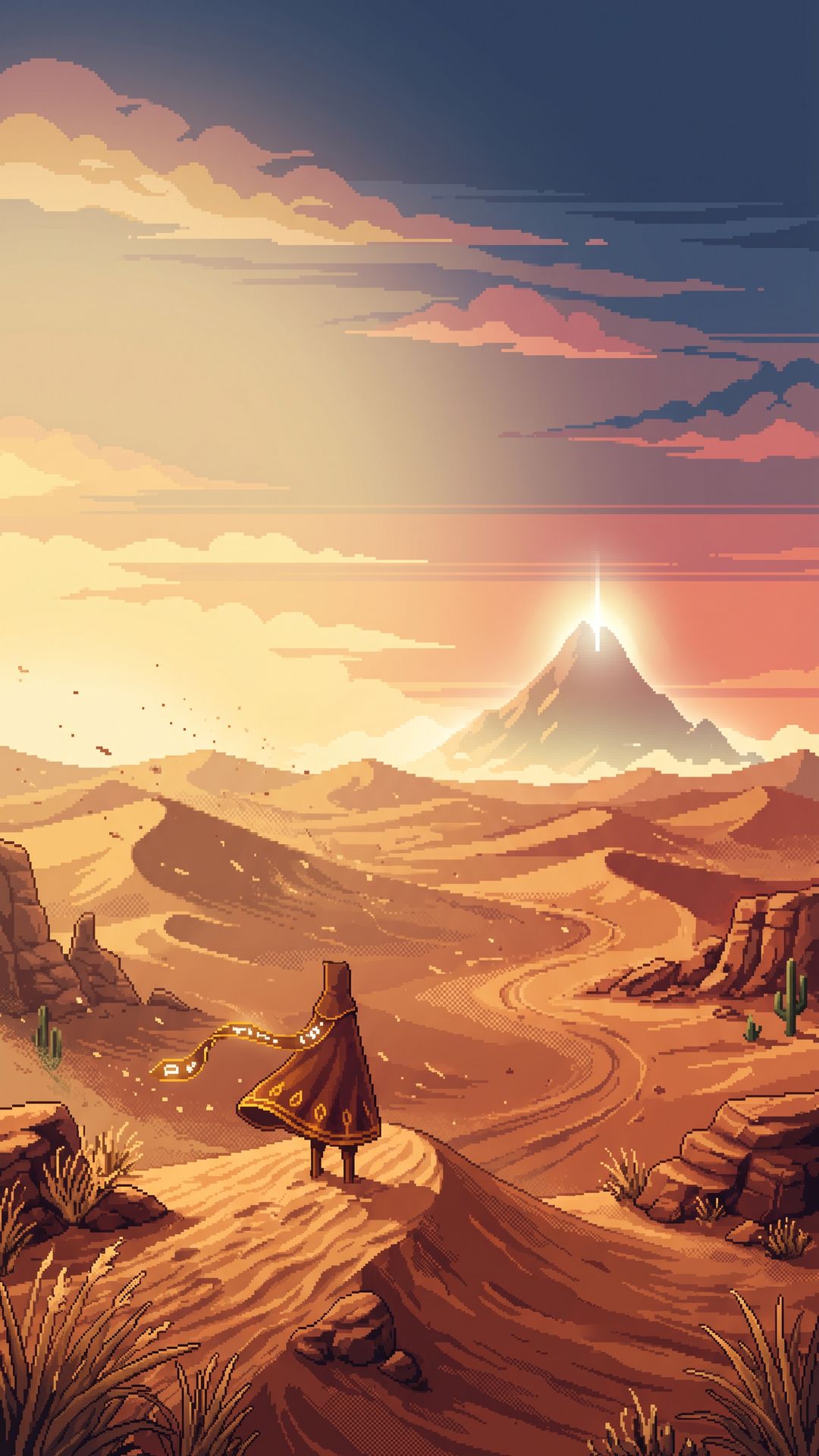 Wallpaper pixel art Journey — viajante solitário no deserto de areia com montanha iluminada ao fundo