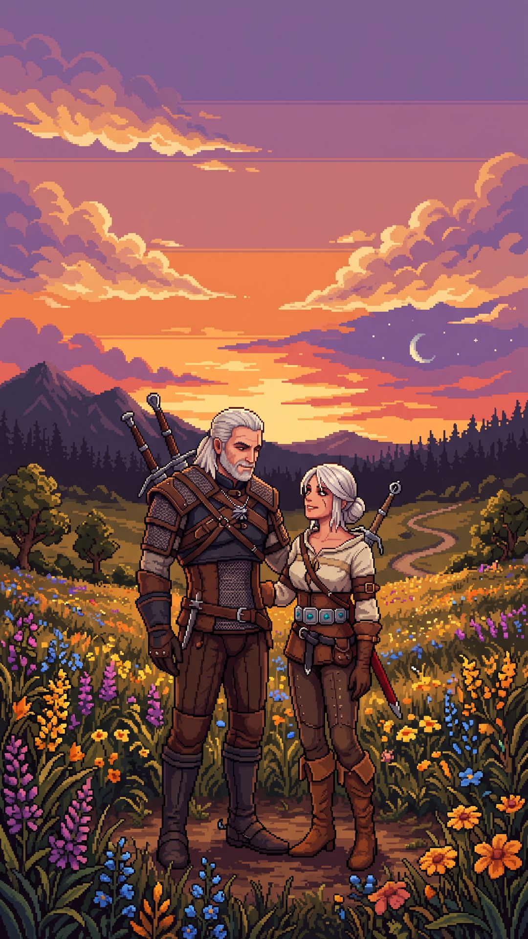 Wallpaper pixel art The Witcher 3 — Geralt e Ciri num campo de flores ao entardecer com céu laranja e roxo
