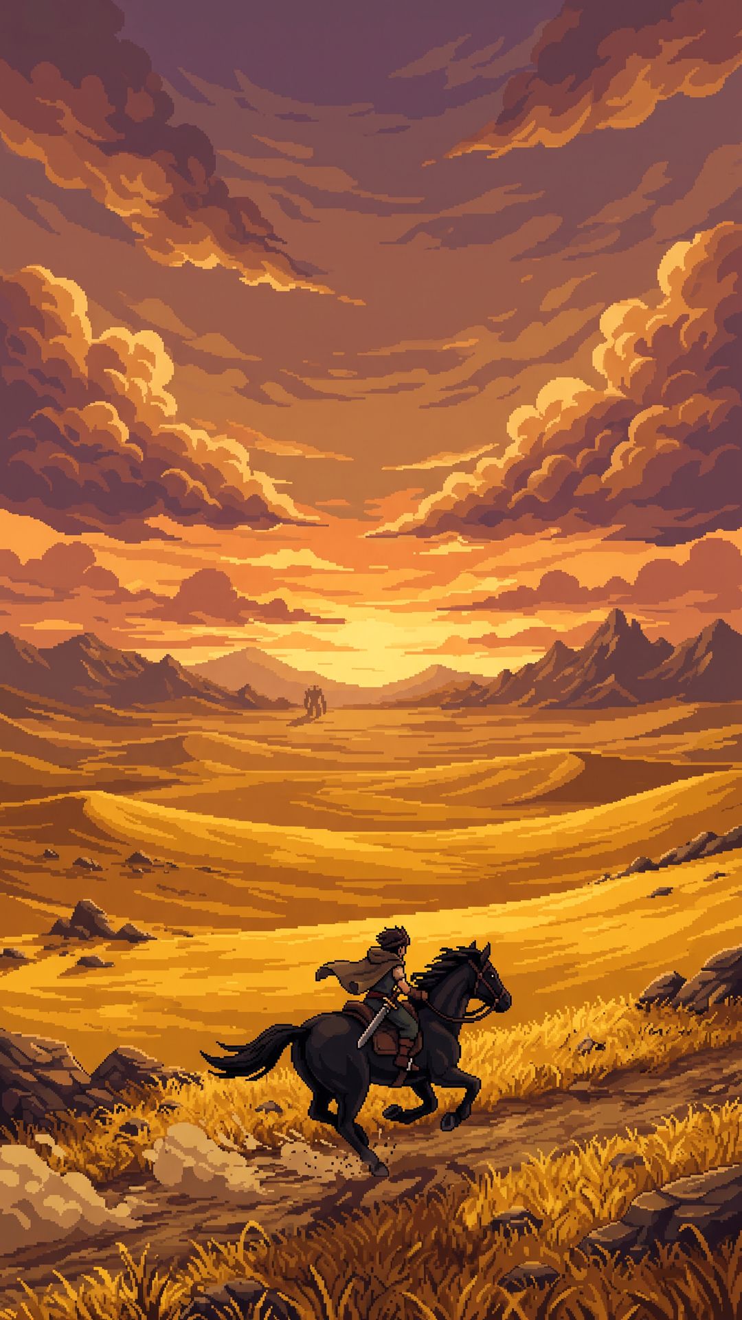 Wallpaper pixel art Shadow of the Colossus — Wander galopando em Agro pela planície dourada e vazia em direção ao horizonte
