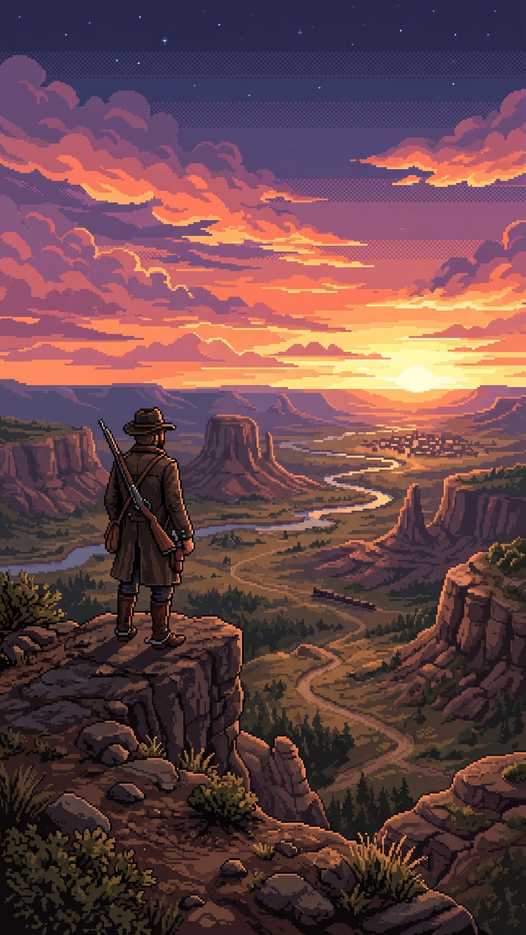 Wallpaper pixel art Red Dead Redemption 2 — Arthur Morgan sozinho no penhasco ao pôr do sol dourado do Oeste americano