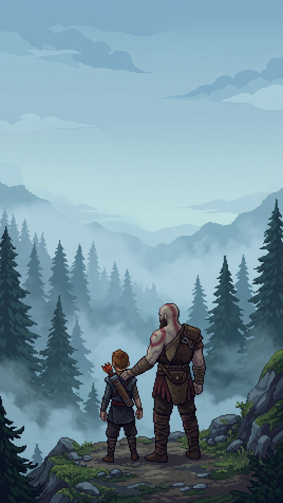 Wallpaper pixel art God of War 2018 — Kratos com mão no ombro de Atreus na floresta nórdica nevoenta