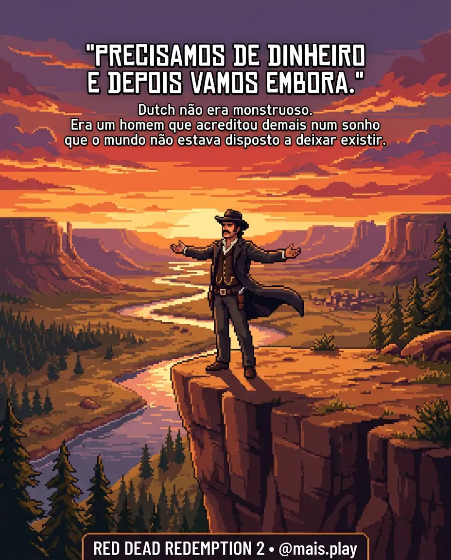 Dutch van der Linde em pixel art estilo JRPG — Red Dead Redemption 2, visionário perdido no fim do Velho Oeste