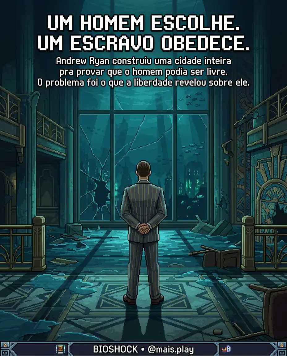 Andrew Ryan em pixel art estilo JRPG — BioShock, criador de Rapture assistindo seu sonho afundar no oceano