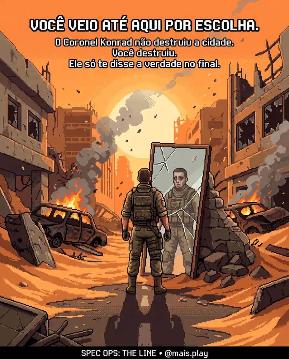 Coronel Konrad em pixel art estilo JRPG — Spec Ops The Line, vilão que revela a verdade sobre o jogador