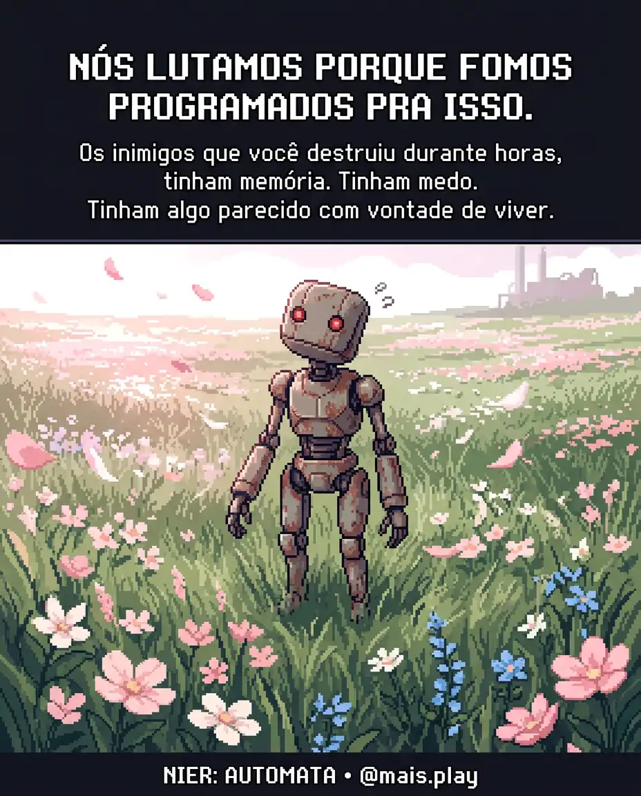 Máquina lifeform em pixel art estilo JRPG — Nier Automata, inimigo com memória e medo que questiona o conceito de vida