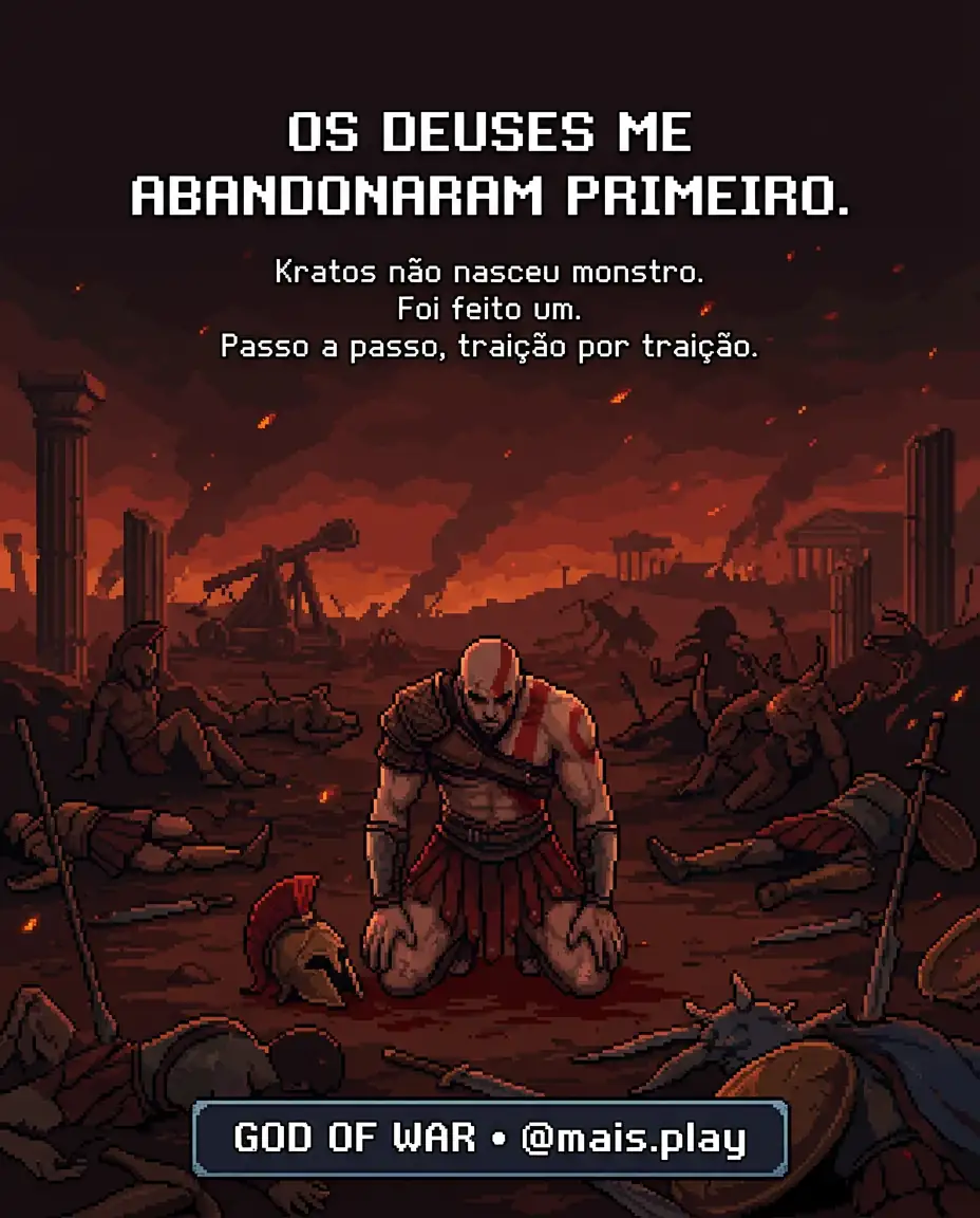 Kratos jovem em pixel art estilo JRPG — God of War original, antes de virar monstro, traição dos deuses do Olimpo