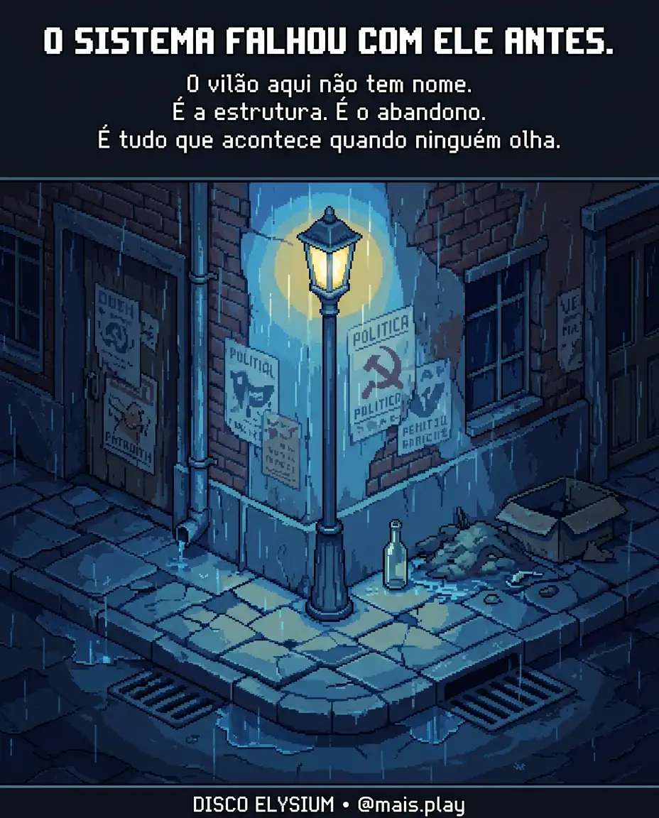 Rua abandonada de Revachol em pixel art estilo JRPG — Disco Elysium, sistema como vilão e abandono estrutural