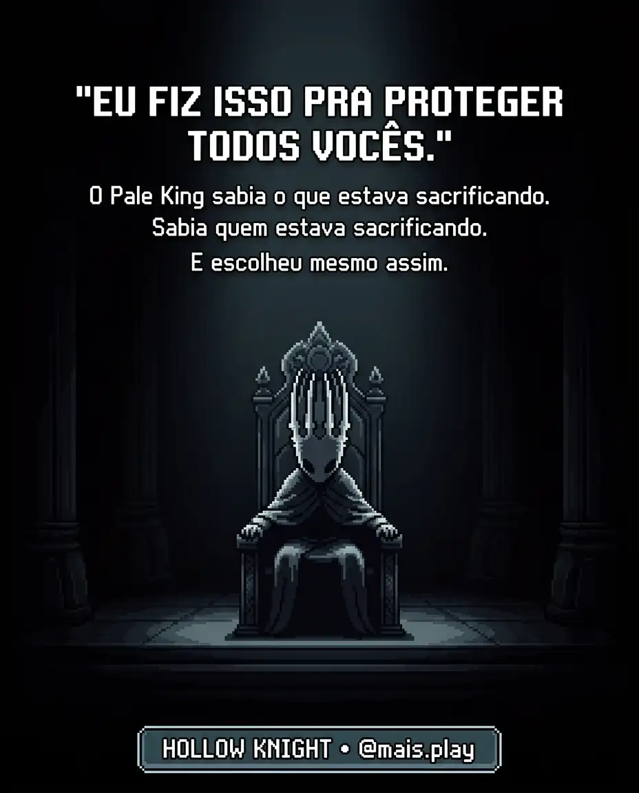 Pale King em pixel art estilo JRPG — Hollow Knight, rei que sacrificou os próprios filhos para salvar Hallownest