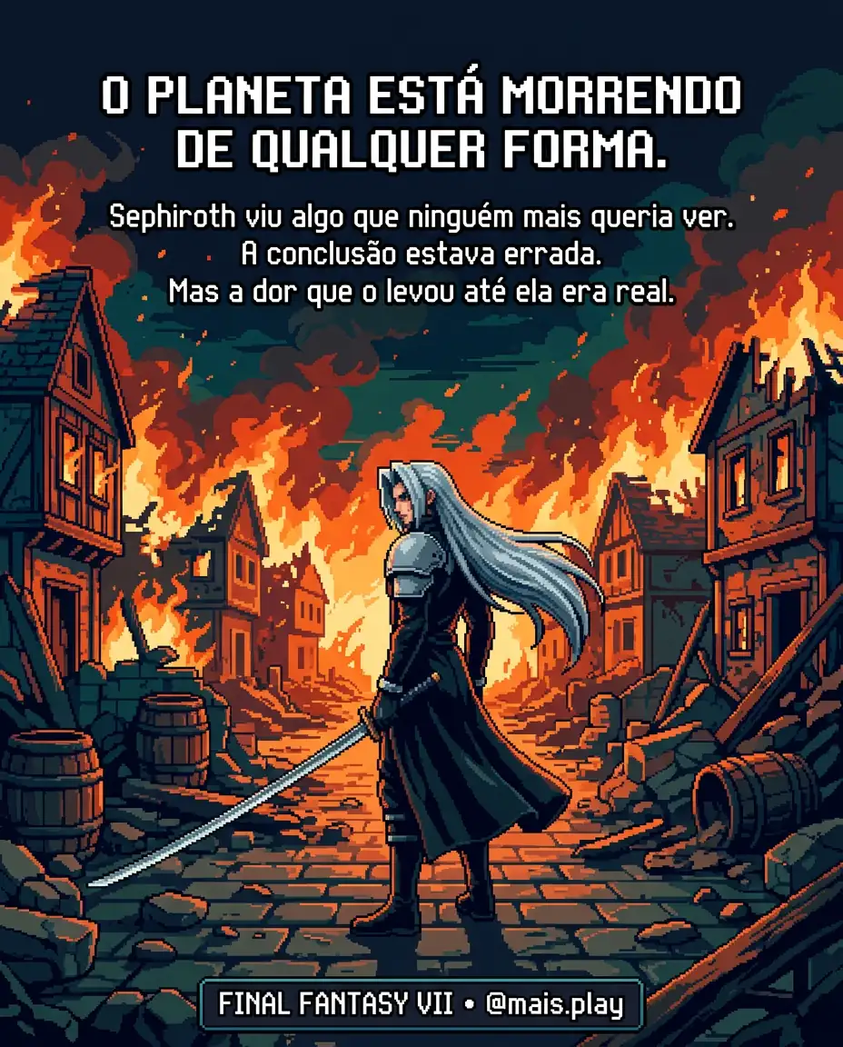 Sephiroth em pixel art estilo JRPG — Final Fantasy VII, herói destruído pela verdade sobre sua própria origem
