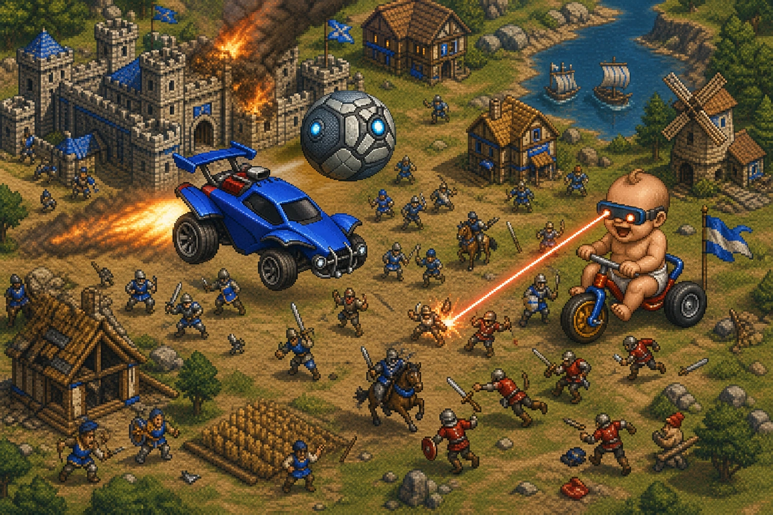 Campo de batalha medieval de Age of Empires invadido por carro foguete e bebê de triciclo graças a cheats Campo de batalha medieval de Age of Empires invadido por carro foguete e bebê de triciclo graças a cheats