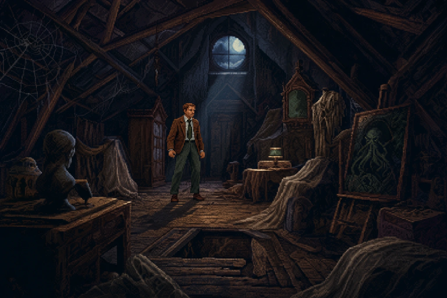 Edward Carnby em sótão sombrio da mansão Derceto no estilo do Alone in the Dark original de 1992