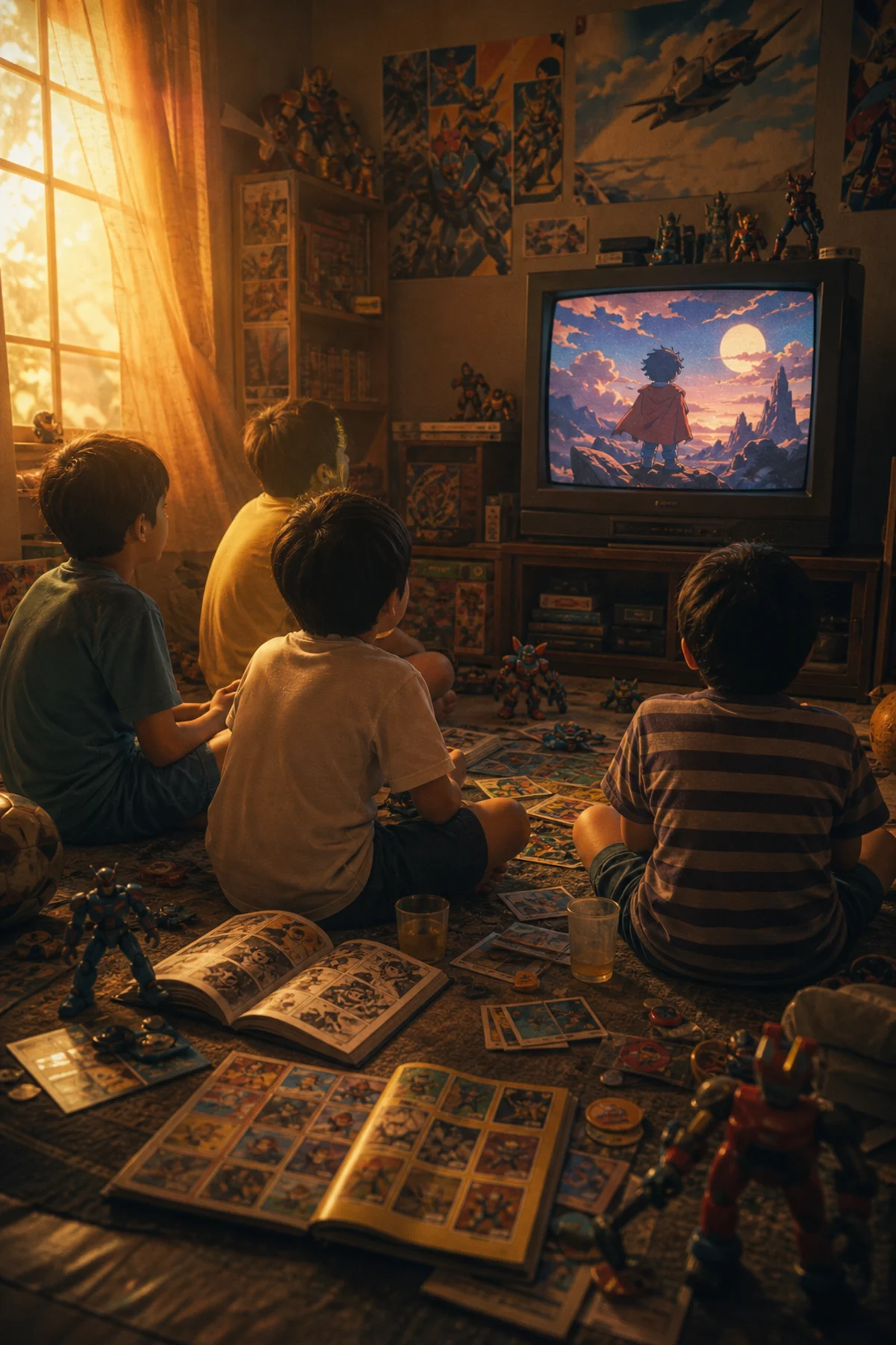 Crianças brasileiras assistindo anime em TV de tubo nos anos 90