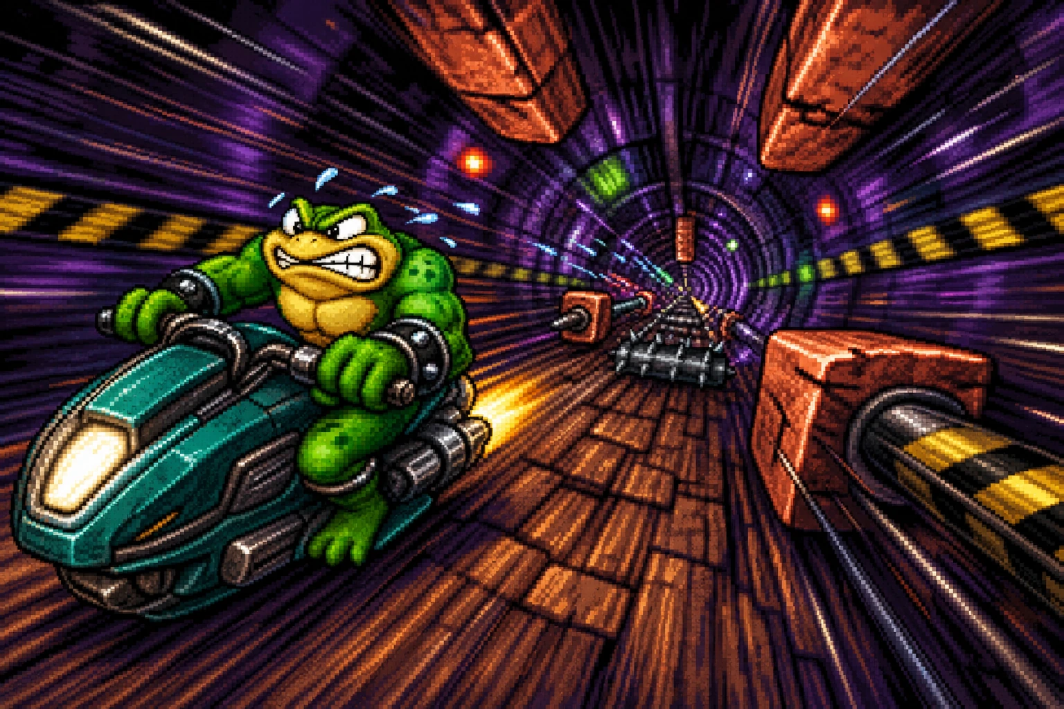 Battletoads no lendário Turbo Tunnel em velocidade extrema desviando de obstáculos Battletoads no lendário Turbo Tunnel em velocidade extrema desviando de obstáculos