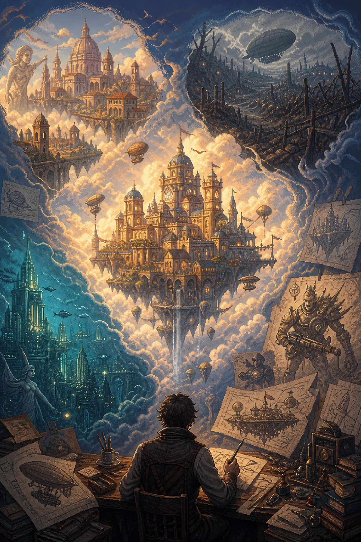 Columbia de BioShock Infinite flutuando entre nuvens com silhuetas das versões descartadas ao redor