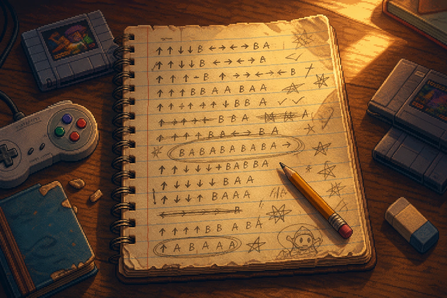 Caderno antigo e desgastado com cheat codes escritos à mão, relíquia da infância gamer Caderno antigo e desgastado com cheat codes escritos à mão, relíquia da infância gamer