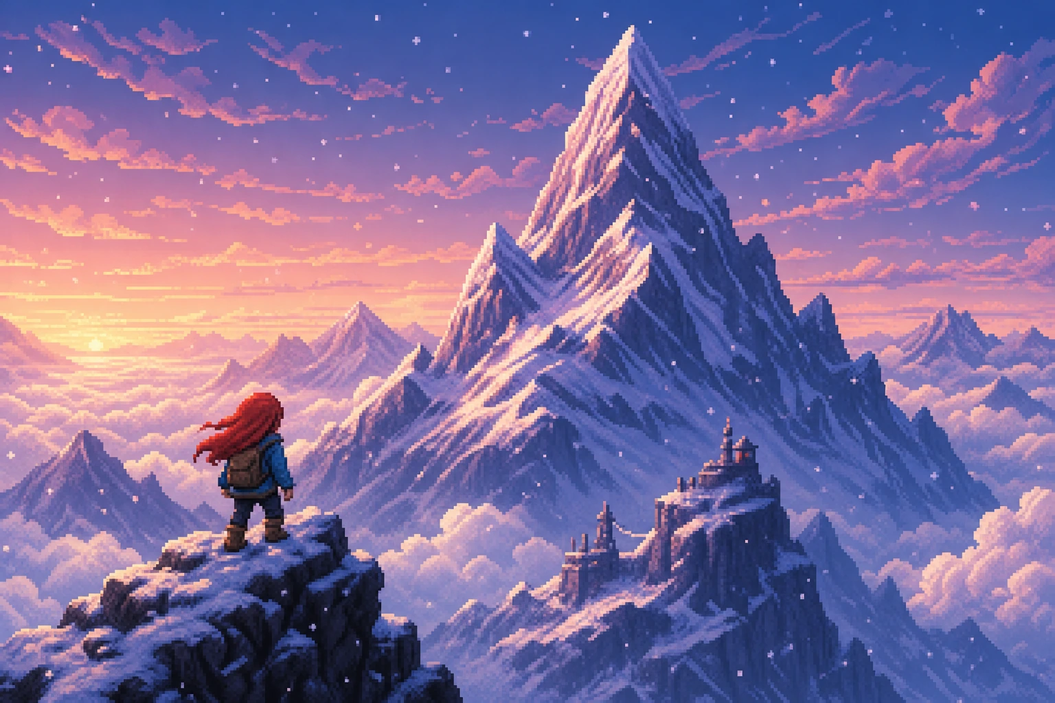 Madeline de Celeste escalando o pico da montanha com determinação em estilo pixel art emocional Madeline de Celeste escalando o pico da montanha com determinação em estilo pixel art emocional