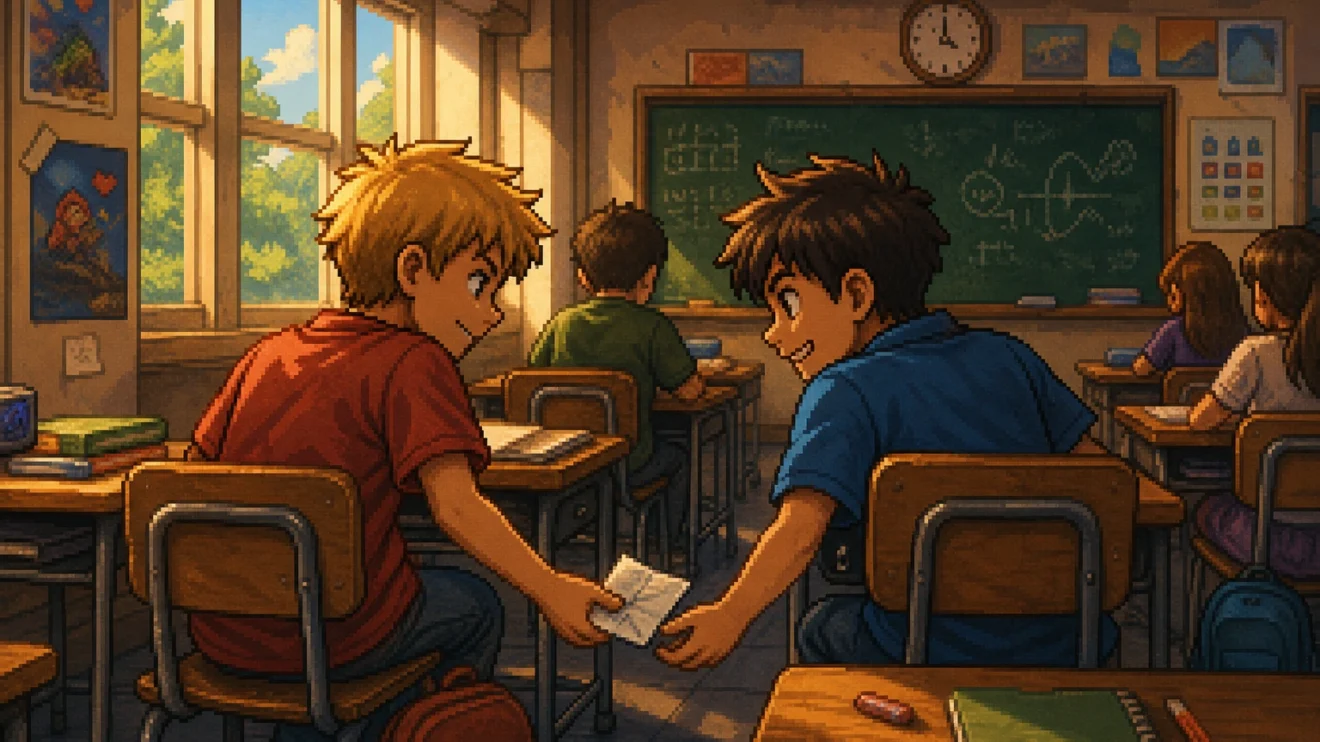 Dois estudantes trocando um papel com cheat codes em sala de aula nos anos 90