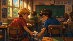 Dois estudantes trocando um papel com cheat codes em sala de aula nos anos 90