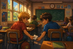 Dois estudantes trocando um papel com cheat codes em sala de aula nos anos 90