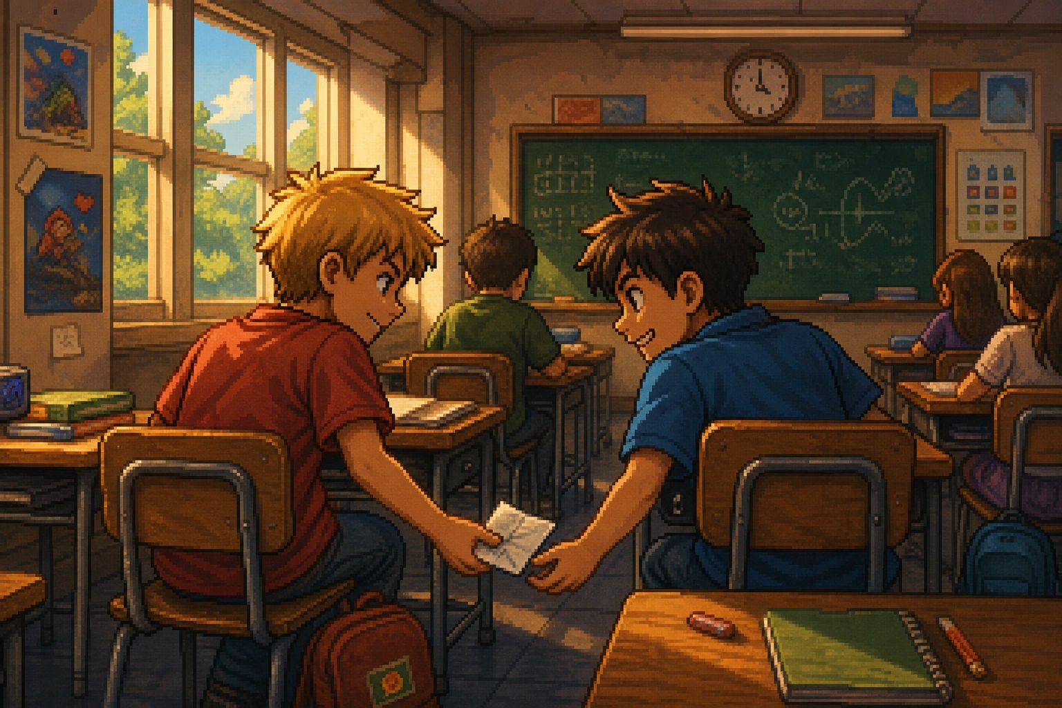 Dois estudantes trocando um papel com cheat codes em sala de aula nos anos 90 Dois estudantes trocando um papel com cheat codes em sala de aula nos anos 90