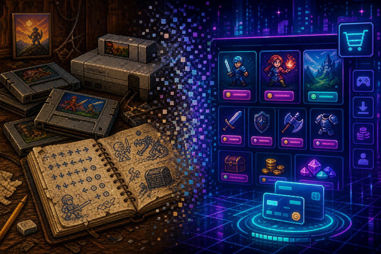 Cartucho antigo com caderno de cheats dissolvendo-se em telas de loja digital e DLC Cartucho antigo com caderno de cheats dissolvendo-se em telas de loja digital e DLC