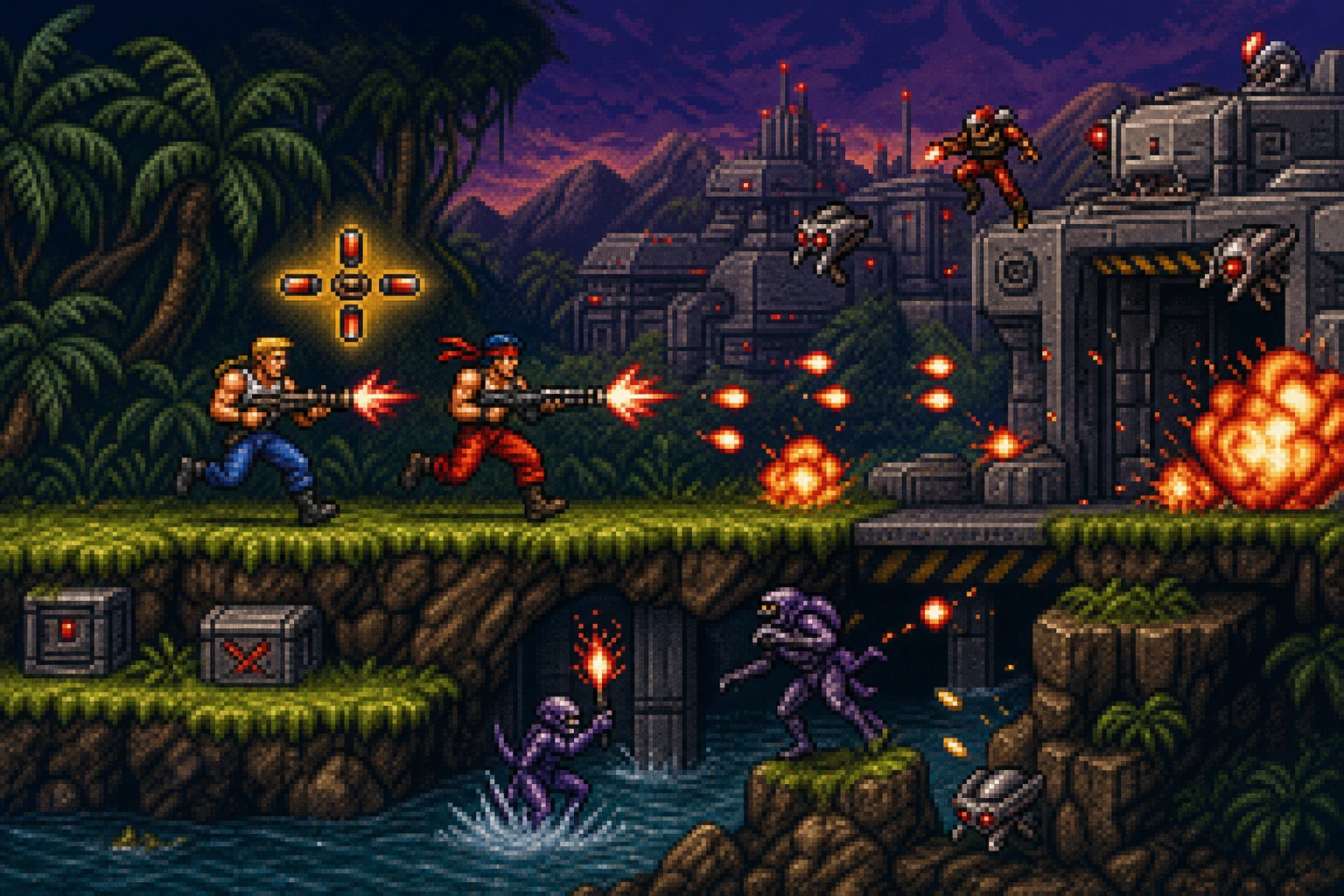 Bill e Lance de Contra correndo pela base alienígena com poder de Spread Shot no estilo pixel art NES Bill e Lance de Contra correndo pela base alienígena com poder de Spread Shot no estilo pixel art NES