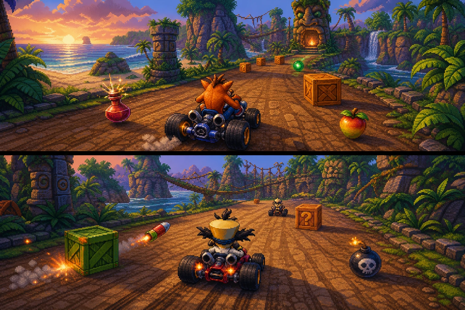 Crash Team Racing com dois jogadores em pista tropical em estilo pixel art do PlayStation Crash Team Racing com dois jogadores em pista tropical em estilo pixel art do PlayStation