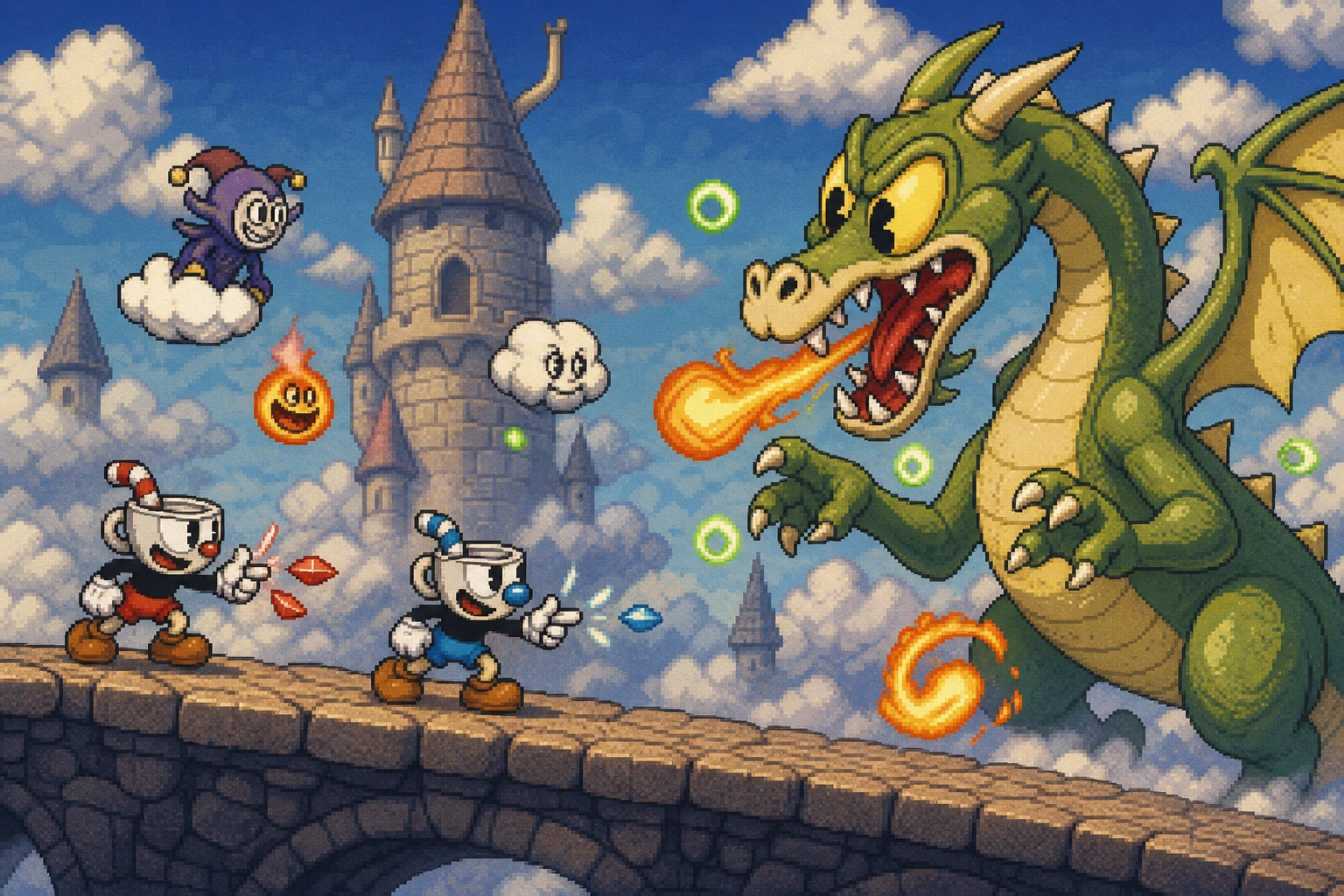 Cuphead e Mugman enfrentando chefe dragão em estilo cartoon dos anos 1930 Cuphead e Mugman enfrentando chefe dragão em estilo cartoon dos anos 1930