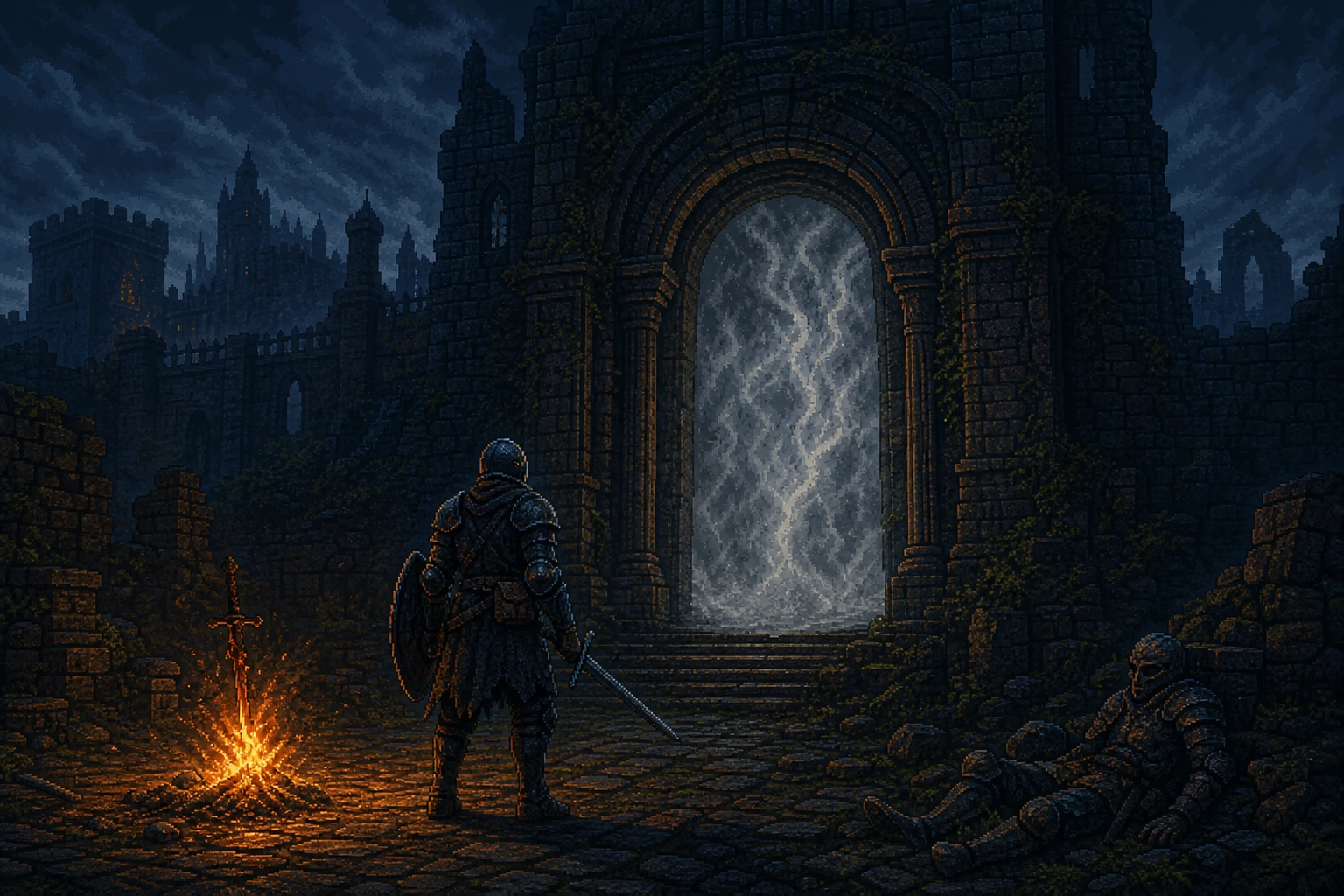 Guerreiro de Dark Souls diante de uma porta de névoa com a fogueira iluminando as costas Guerreiro de Dark Souls diante de uma porta de névoa com a fogueira iluminando as costas