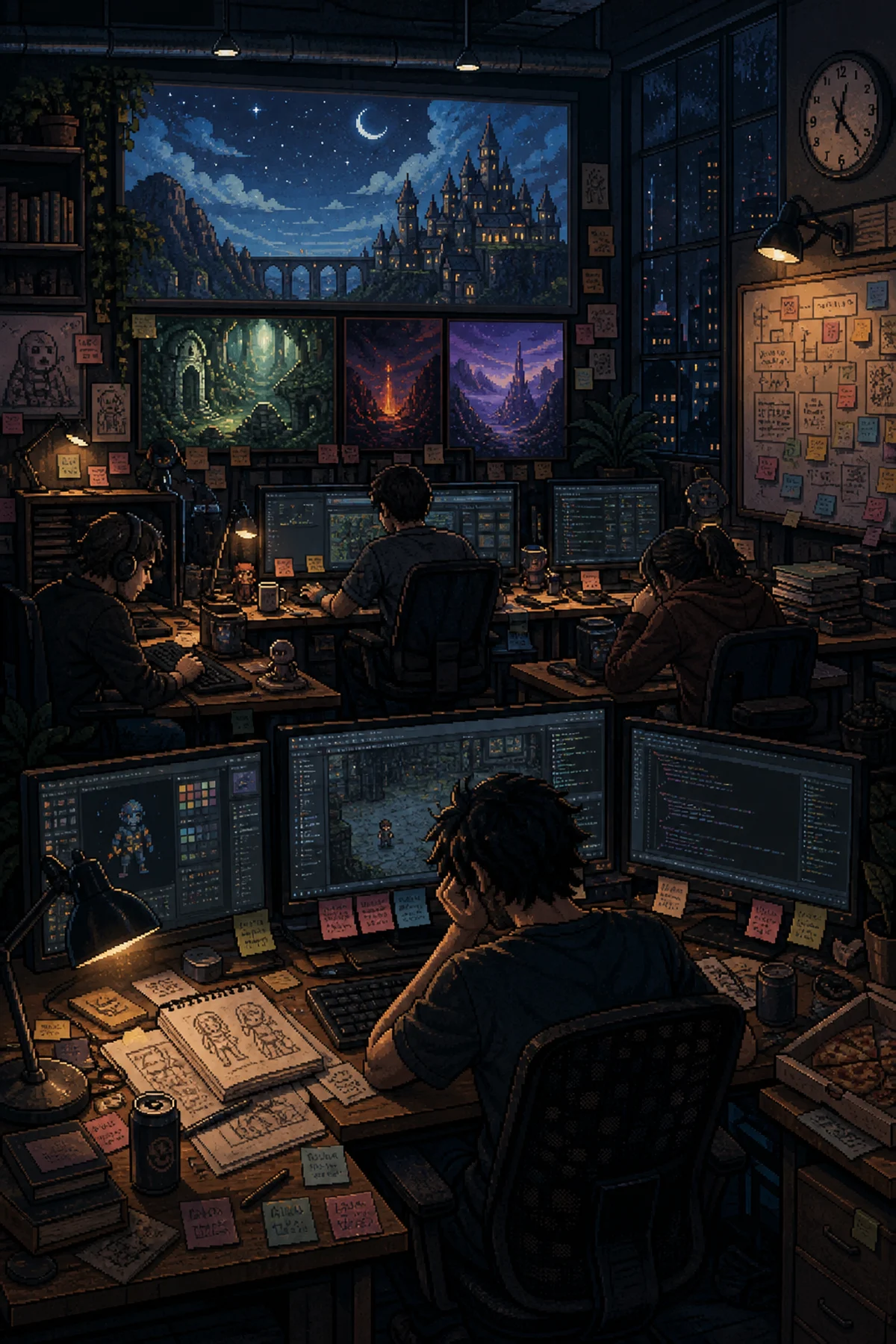 Escritório de desenvolvimento de games à noite com desenvolvedores exaustos rodeados de documentos e prazos