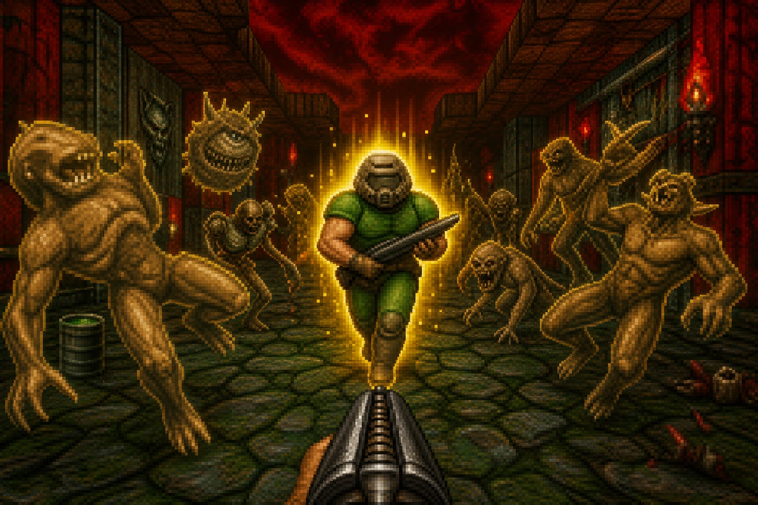 Marine de Doom invencível com aura dourada do modo Deus ativado em corredor infernal Marine de Doom invencível com aura dourada do modo Deus ativado em corredor infernal