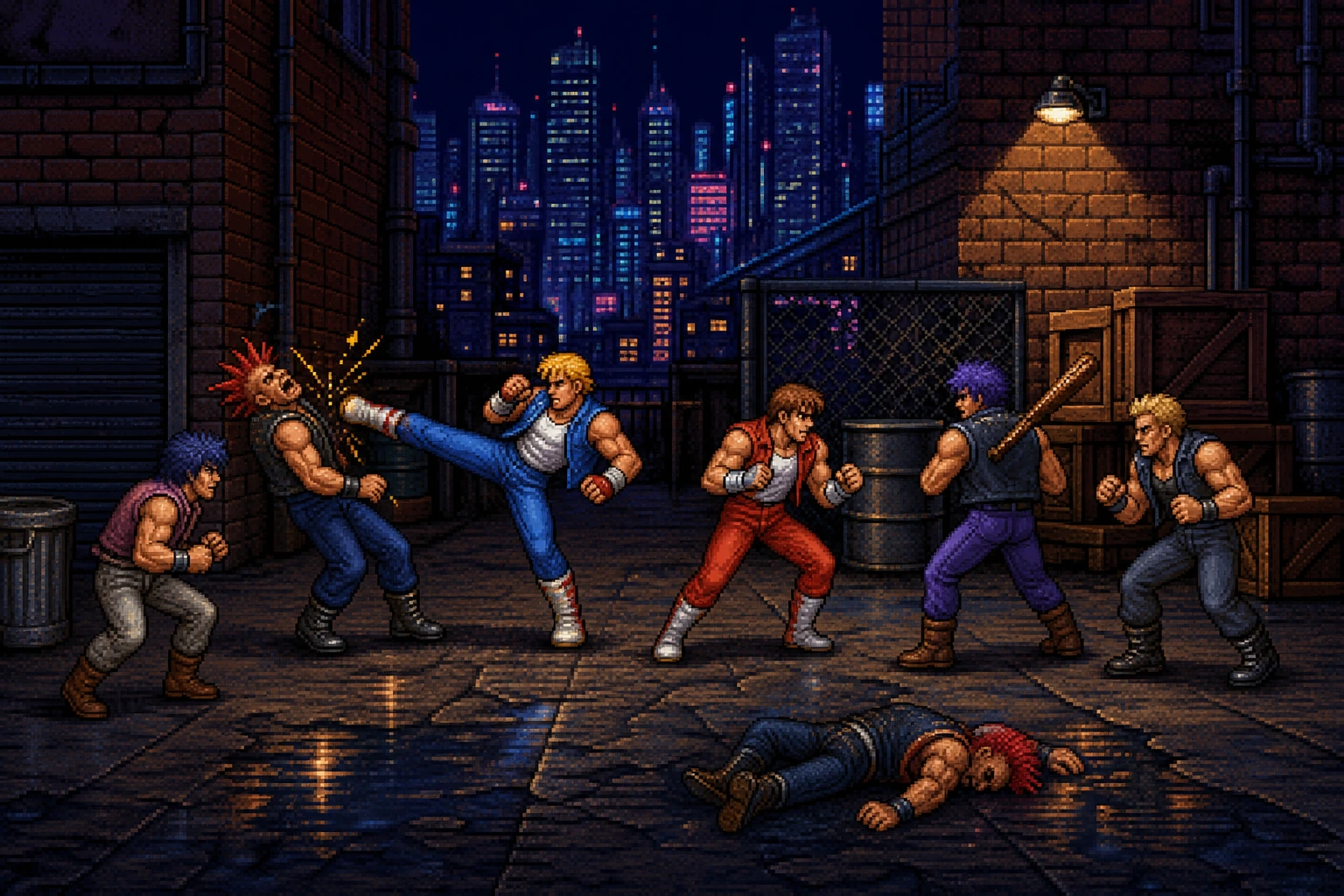 Billy e Jimmy Lee de Double Dragon lutando contra gangue em beco urbano em estilo pixel art Billy e Jimmy Lee de Double Dragon lutando contra gangue em beco urbano em estilo pixel art
