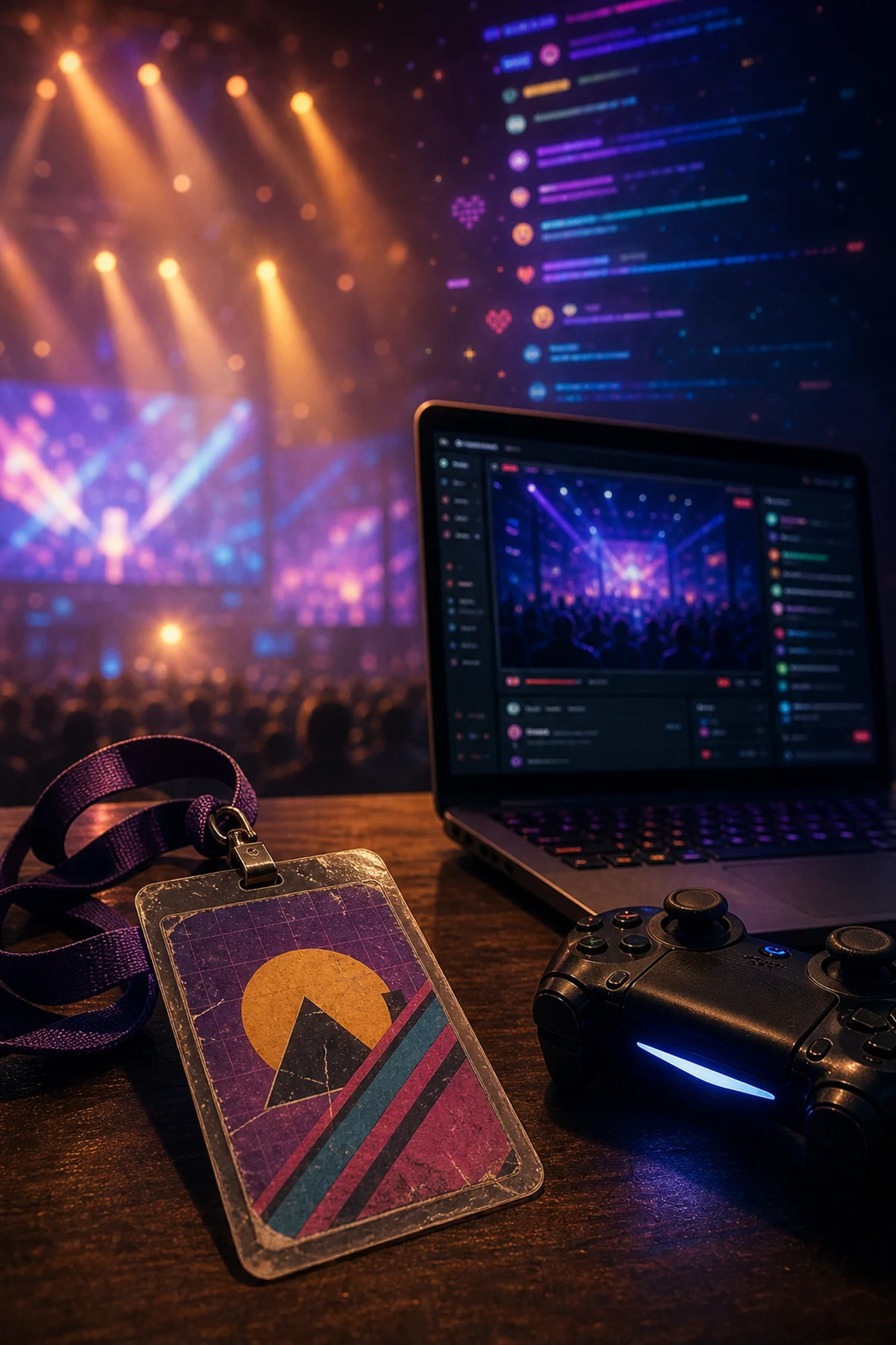 Crachá de feira gamer e transmissão digital simbolizando a transição da E3 para o Summer Game Fest