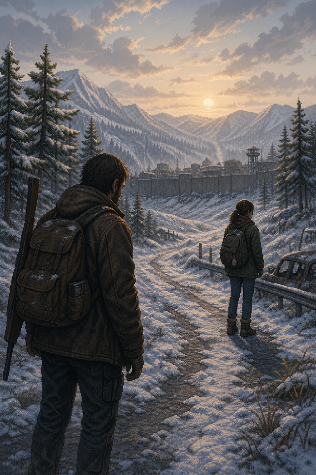Ellie e Joel num momento de silêncio na neve de Wyoming, a tensão entre eles palpável