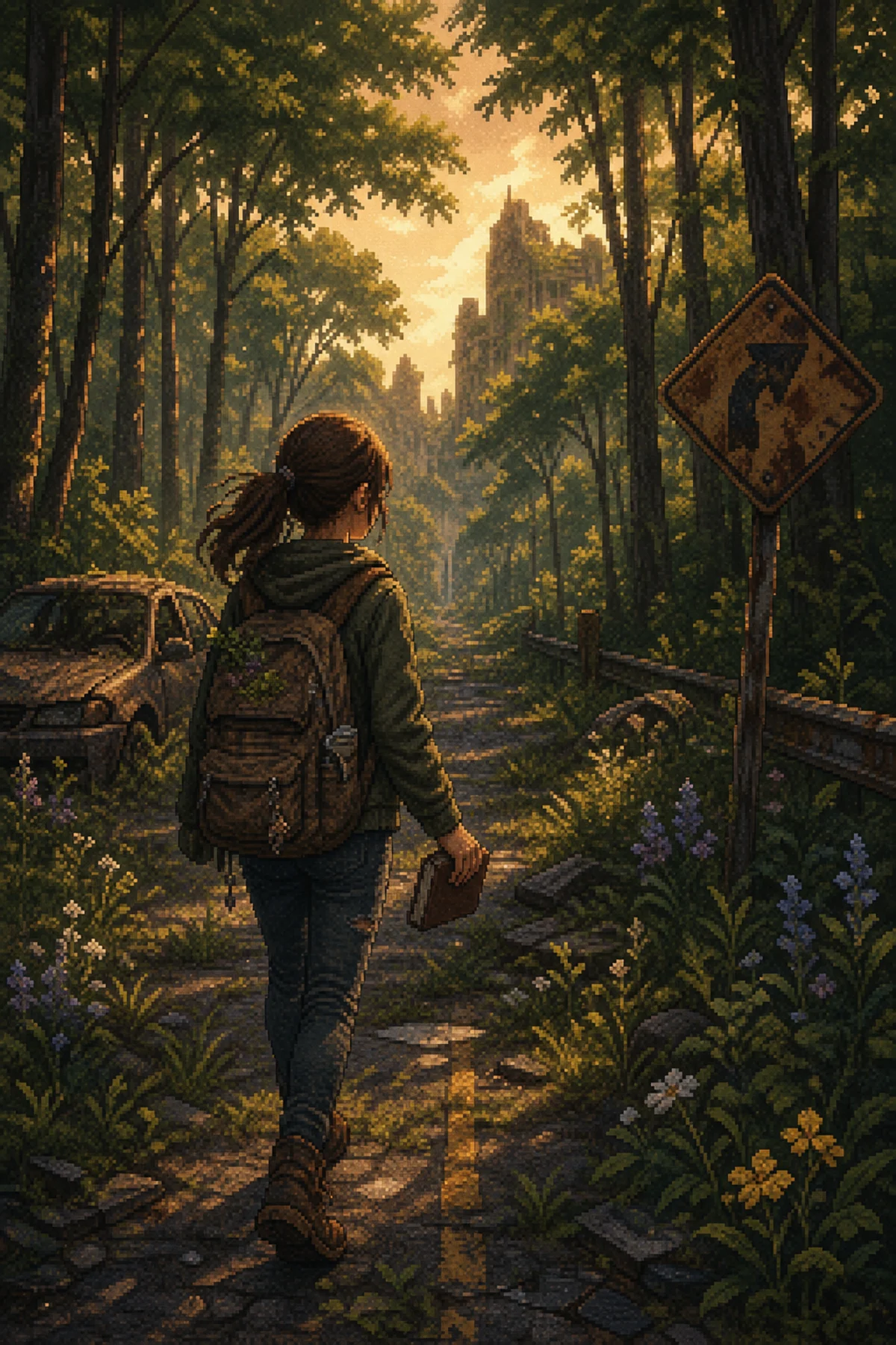 Ellie caminhando por uma floresta pós-apocalíptica com sua mochila e diário